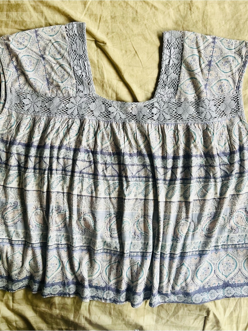 Lucky Brand, Lace-Trim Paisley Scoop-Neck Tunic in Light Blue and Cream